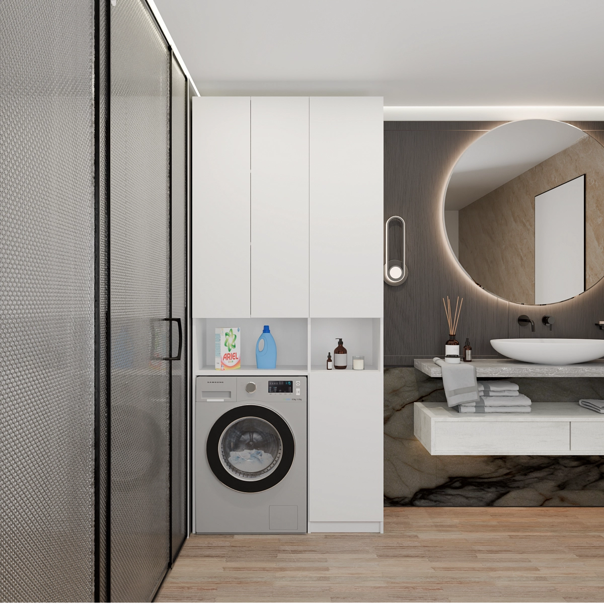 Шкаф-пенал 3 ниши, с корзиной для белья Эос Плюс Белый
